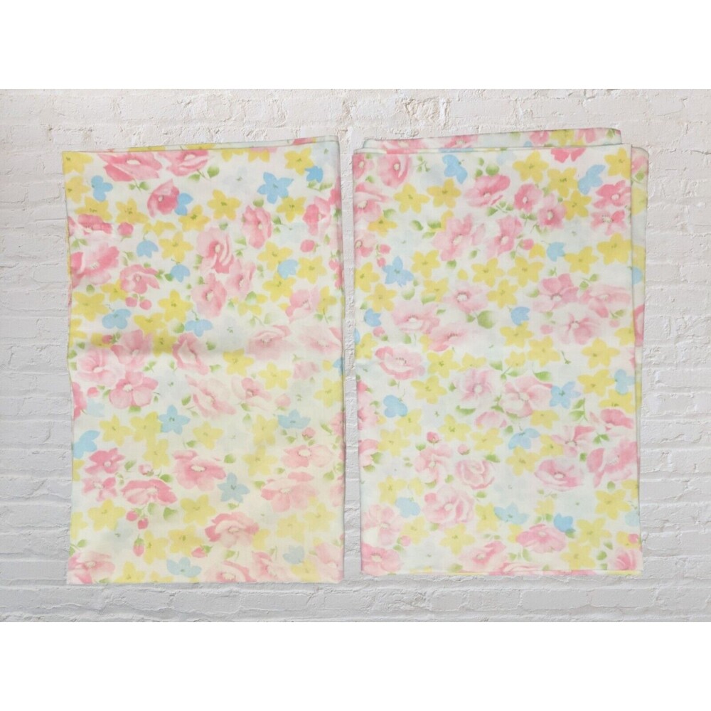 Vtg 80s Cannon Floral Set 2 Standard Pillowcases Pink Yellow Roses MCM Cottage